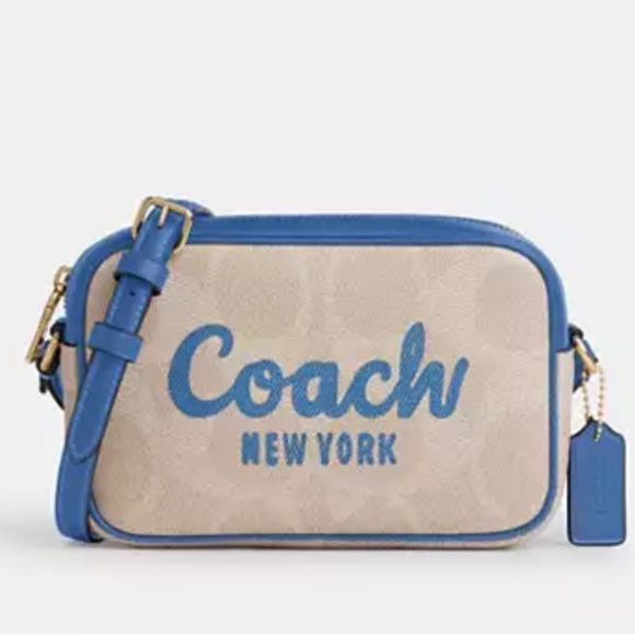 💙Coach NWT Tan Mini Jamie Camera crossbody In Signature Canvas  Blue Coach Print - Picture 1 of 8